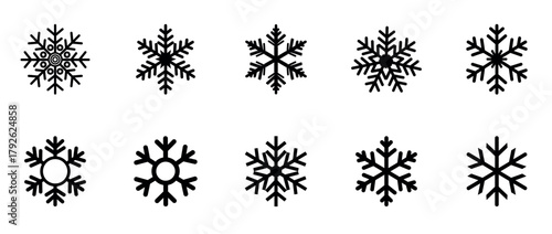 Set of Black Snowflake Icons on Transparent Background for Winter and Holiday Designs