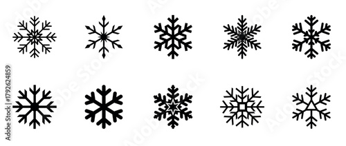 Set of Black Snowflake Icons on Transparent Background for Winter and Holiday Designs