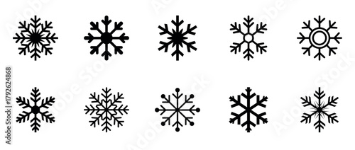 Set of Black Snowflake Icons on Transparent Background for Winter and Holiday Designs