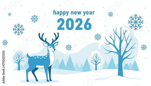 Majestic deer stands proudly in a serene winter wonderland celebrating the fresh start of Happy New Year 2026 with falling snowflakes