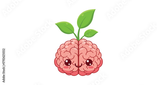 Cute cartoon brain with growing leaves symbolizing new ideas and learning, perfect for educational and creative concepts
