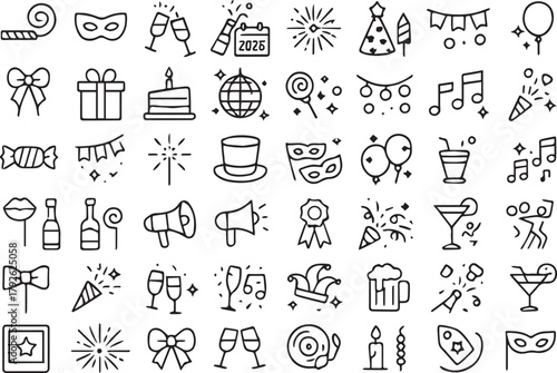 . Celebration and Party Line Icon Set: Vector Collection for Holidays, New Year, and Festive Events
