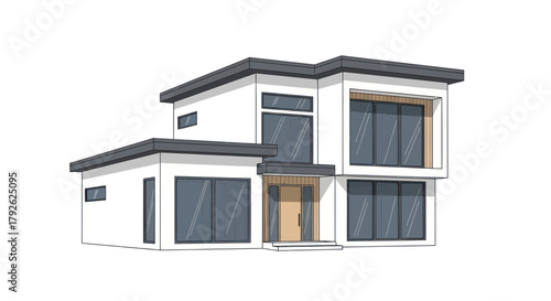 A modern two-story house with a flat roof and large windows, featuring contemporary architecture and a minimalist design.