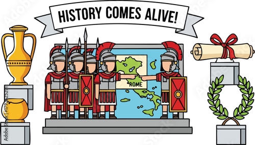 Roman Soldiers Display Ancient Map and Laurel Wreath Symbolizing History and Victory