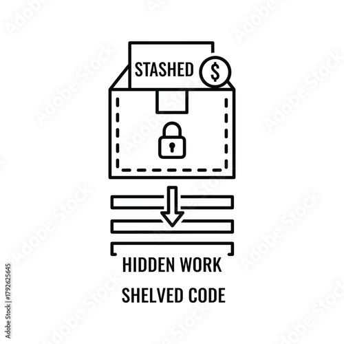 Box labeled stashed with lock and dollar sign, code shelved on