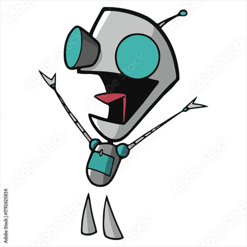 Excited Cartoon Robot Vector – Teal-Eyed AI Character with Raised Arms