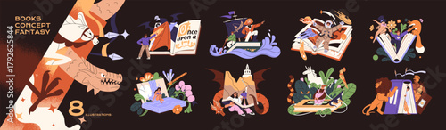 Fantasy books concept set. People imagine with immersive magic stories, travel in worlds of kids' fairy tales. Mystery adventures with reading novels and fictions. Flat isolated vector illustrations.