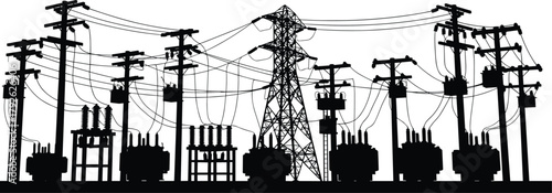 Silhouette vector illustration of electrical substation with transformers and transmission towers—power grid infrastructure, voltage system, energy distribution network layout
