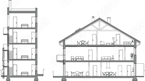 Architectural cross-section, residential building design, interior layout, furniture arrangement, multi-story elevation, construction detail, room visualization, housing blueprint, scale drawing
