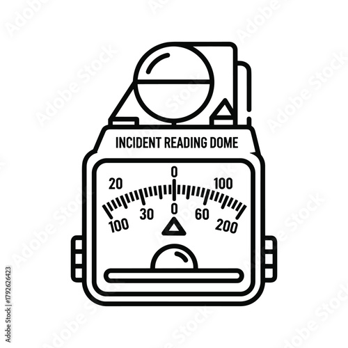Line art icon of a vintage light meter with a dial and incident reading dome