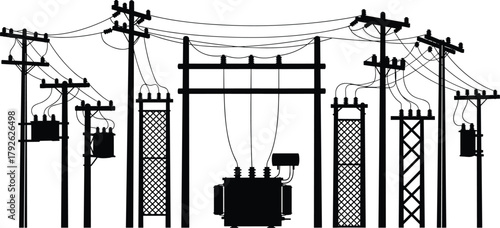 Silhouette vector illustration of electrical substation with transformers and utility poles—power grid infrastructure, voltage system, energy distribution network layout