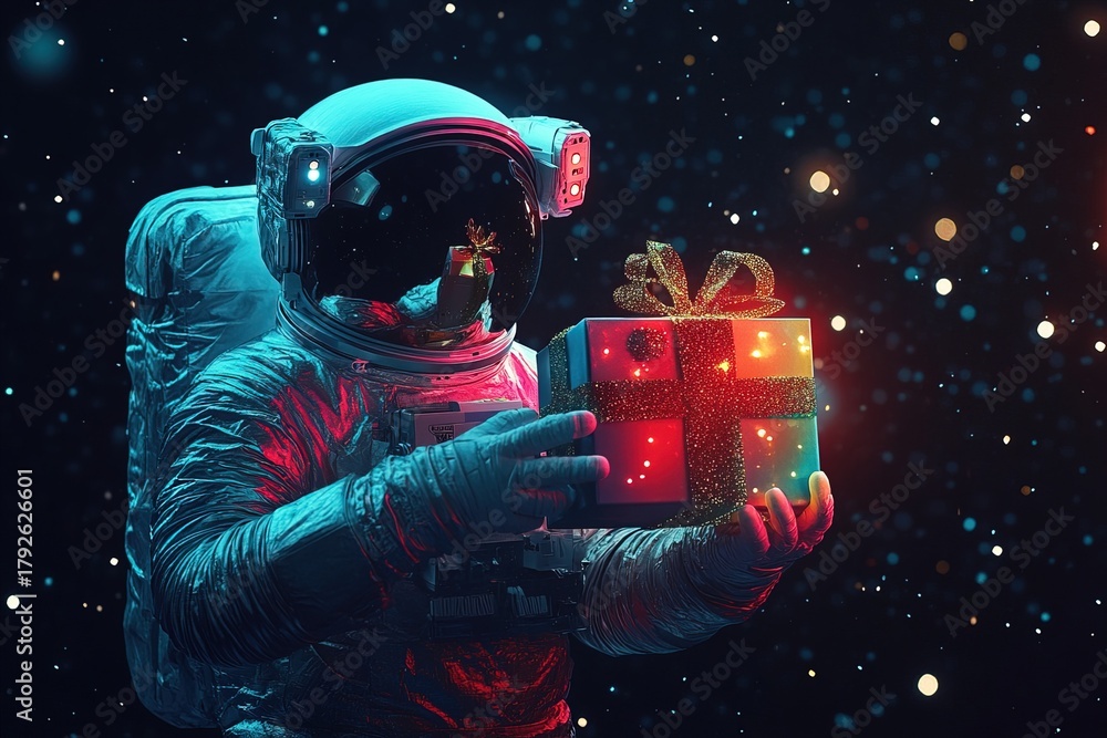 Obraz premium astronaut floats in space, holding brightly wrapped gift with a bow. Colorful lights surround figure, creating a festive atmosphere among stars