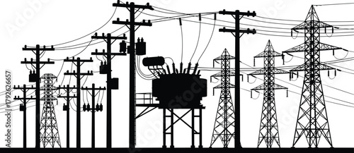 Silhouette vector illustration of electrical infrastructure with transformer and transmission towers—power grid layout, voltage system, energy distribution network design