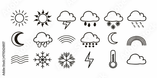 Collection of hand drawn weather icons including sun cloud rain moon and thermometer in black and white on transparent background