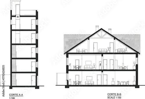 Architectural section drawing, building cross-section, interior layout, stairwell design, furniture placement, construction detail, residential blueprint, multi-story elevation, scale plan
