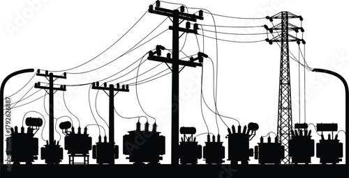 Silhouette vector illustration of electrical substation with transformers, utility poles, and transmission tower—power grid infrastructure, voltage system, energy distribution layout