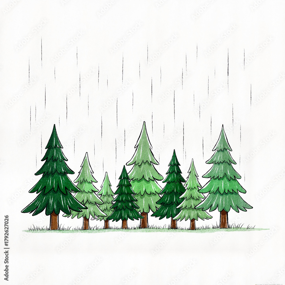 Obraz premium Pine trees swaying gently in the rain, nature's tranquility, isolated