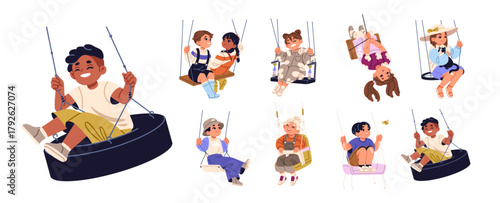 Happy kids rope swing set. Cute children sit and ride hanging planks and tires. Little boys and girls play outdoors, have fun on playground. Flat isolated vector illustrations on white background.