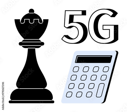 Chess king, bold 5G text, and calculator collectively symbolize leadership, connectivity, and computation. Ideal for technology, strategy, mathematics networking business problem-solving. Simple