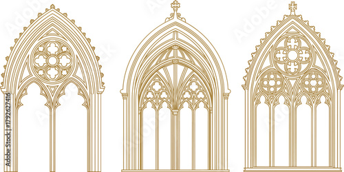 Gothic cathedral window designs, medieval architecture illustration, ornate tracery pattern, pointed arch style, decorative church art, historic building elements, vector line art
