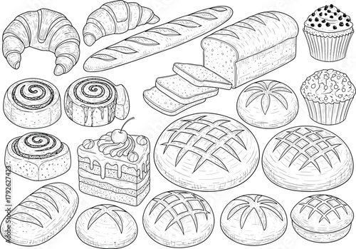 Bakery illustration, bread drawing, pastry sketch, croissant art, cupcake icon, cake slice, cinnamon roll, baked goods, food line art, dessert design