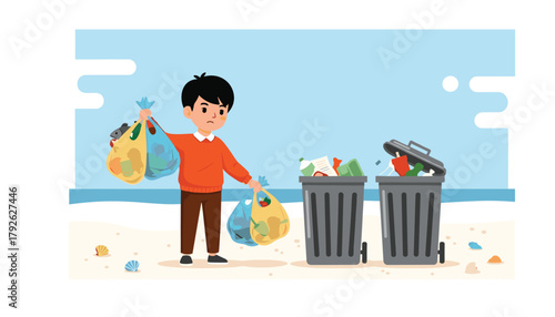 Concerned child collects litter on a beach, highlighting environmental responsibility and pollution awareness for a cleaner planet