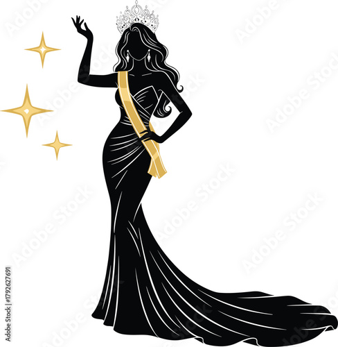 Beauty queen silhouette, elegant gown, golden sash, crown illustration, graceful pose, fashion art, pageant winner, glamour concept, royalty design, celebration