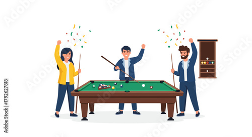 Joyful friends celebrating victory at a billiards game with colorful confetti showering down, capturing pure fun and excitement