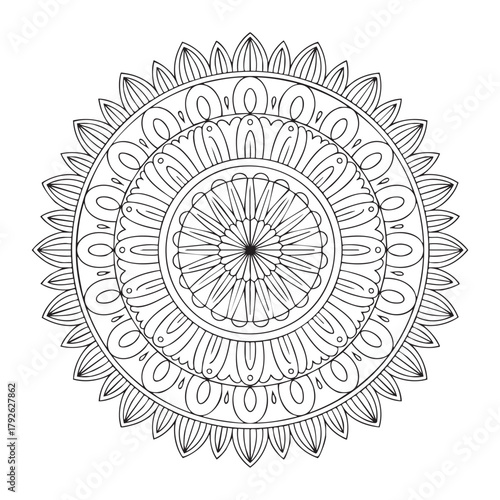 Complex black and white circular mandala featuring a central starburst pattern and radiating decorative elements Keywords: mandala, circular, pattern, starburst, radiating, design, symmetrical