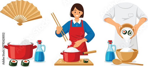 Woman Preparing Sushi With Rice And Soy Sauce With Fan In Background