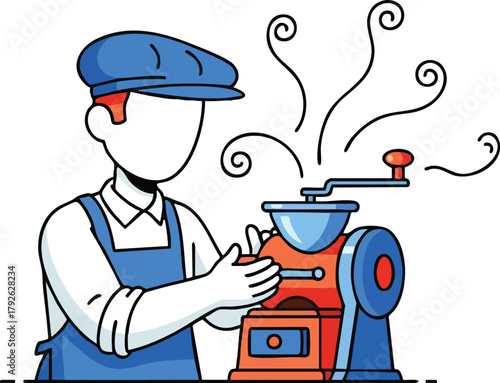 Barista Grinding Coffee Beans Manually With Old Fashioned Grinder In Kitchen