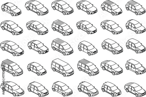 Car top view, vehicle silhouettes, black line drawing, sedan icon, SUV shape, hatchback design, auto grid, transport vector, pattern