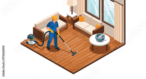 Professional cleaner diligently vacuuming a modern living room, maintaining pristine residential spaces for ultimate comfort and hygiene