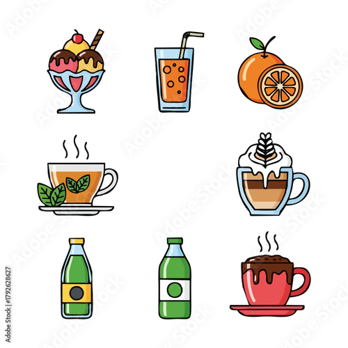 Illustration of various beverages and a dessert.