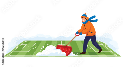 Determined person clearing snow from a vibrant green soccer field, preparing for winter sports and outdoor activities