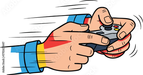 Close Up Of Hands Holding A Video Game Controller In Action With Streaks Of Motion Blur In A Pixel Art Style