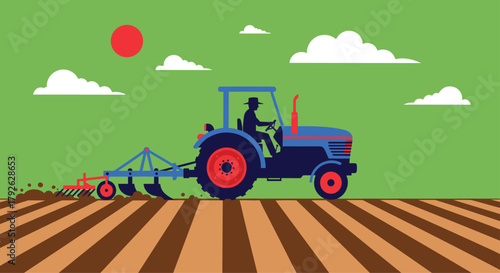 Dedicated farmer plows fertile fields under bright sun, cultivating growth and abundance for a bountiful harvest