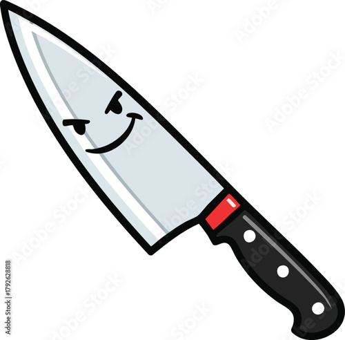Cartoon Chef Knife With Smiling Face and Red Collar on White Background