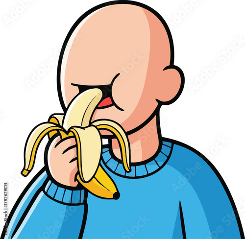 Bald Person Eating Peeled Banana in Blue Sweatshirt Isolated on White Background