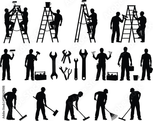 Construction worker silhouette, maintenance crew, cleaning staff, tool icons, manual labor, industrial job, black and white, repair tools, workplace action, handyman pose