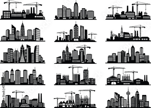 Cityscape silhouette, industrial skyline, urban construction, factory zone, modern architecture, crane illustration, smokestack art, oil rig, tower design, black and white