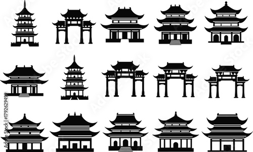 East Asian architecture, pagoda silhouette, temple icons, cultural design, traditional buildings, black vector, historic style, ceremonial gate, roof detail, heritage
