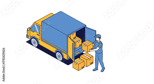 Professional delivery person loading boxes into a bright yellow and blue truck, symbolizing efficient logistics and transport services