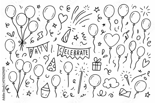 Hand-drawn doodle vector set of balloons and confetti created in a fun sketchy ink-pen style, AI, EPS, JPG, PNG, isolated on white background
