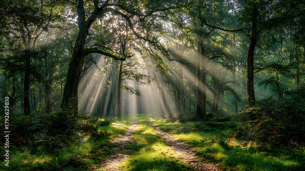 Fototapeta premium Sunbeams piercing through dense forest canopy illuminating a winding path trees sunlight