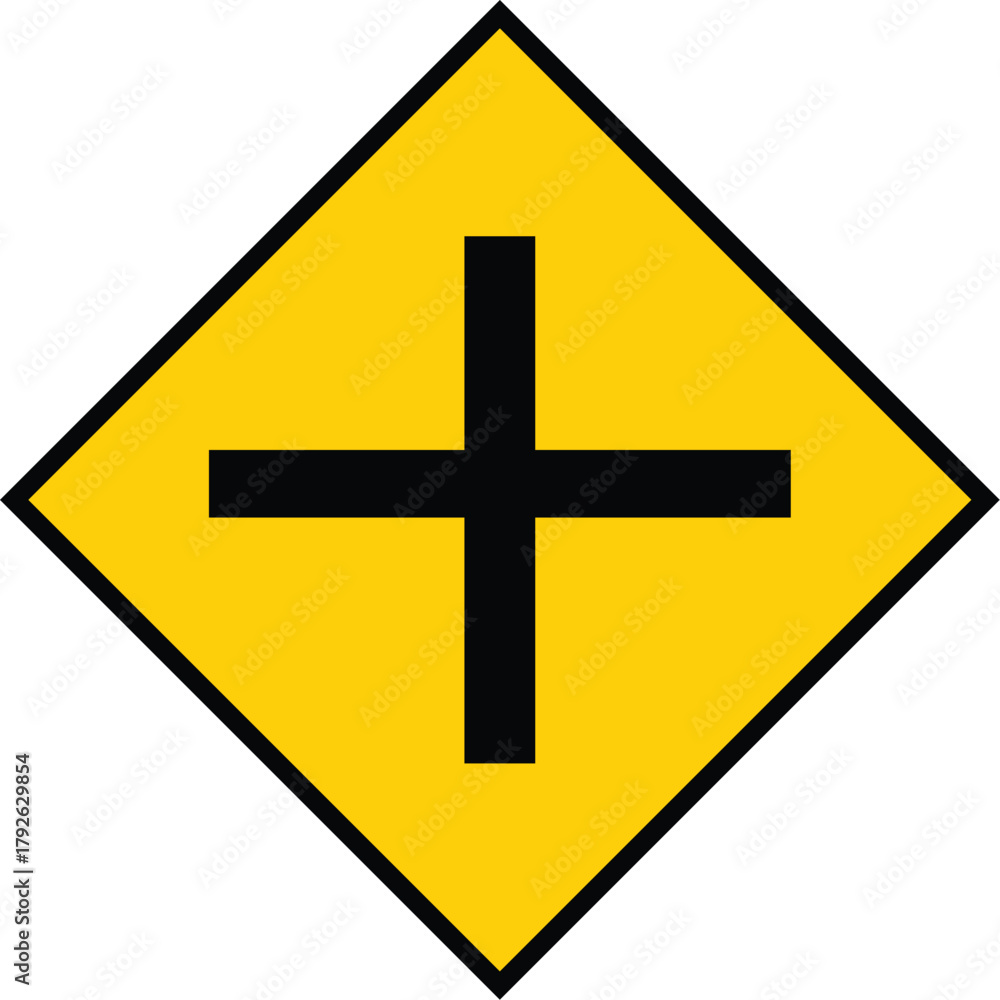 Fototapeta premium Crossroads intersection warning road sign isolated on white. Yellow diamond traffic symbol indicating a four-way junction ahead for driver safety