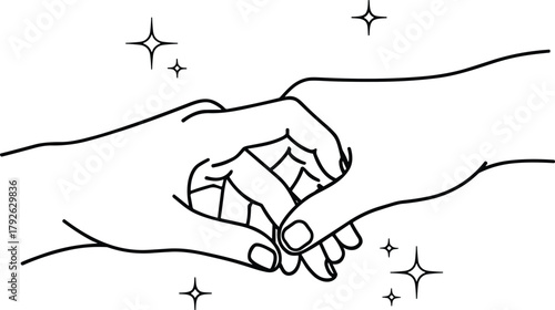 Hand holding gesture, emotional connection, love and support, unity symbol, sparkles around hands, cad drawing flat vector illustration