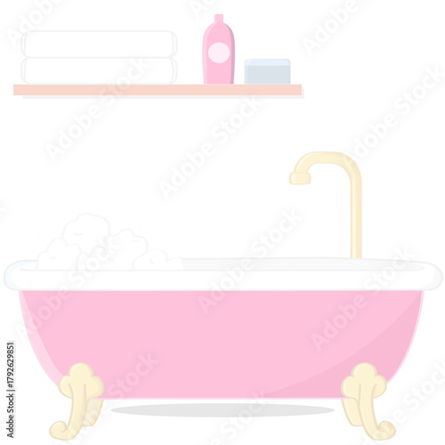 A relaxing pink bathtub filled with bubbles and self-care essentials, inviting a moment of tranquility and peace