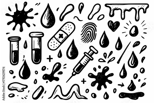 Hand-drawn doodle vector collection of blood-themed elements, created in a fun, sketchy doodle style, isolated on white background
