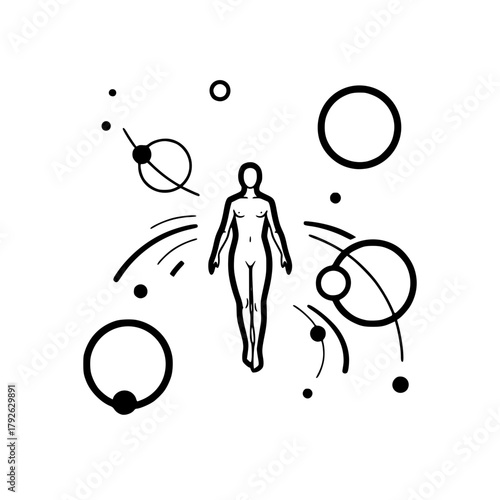 Black and White Line Art of Floating Human Figure with Orbiting Circles — Minimalistic Weightless Motion Concept